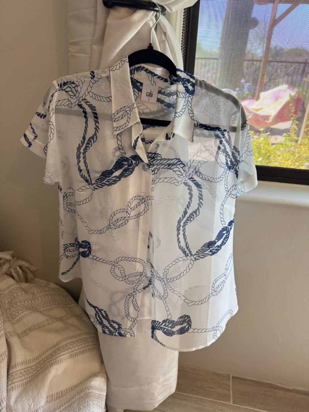 CAbi White Blouse with Navy Rope Print